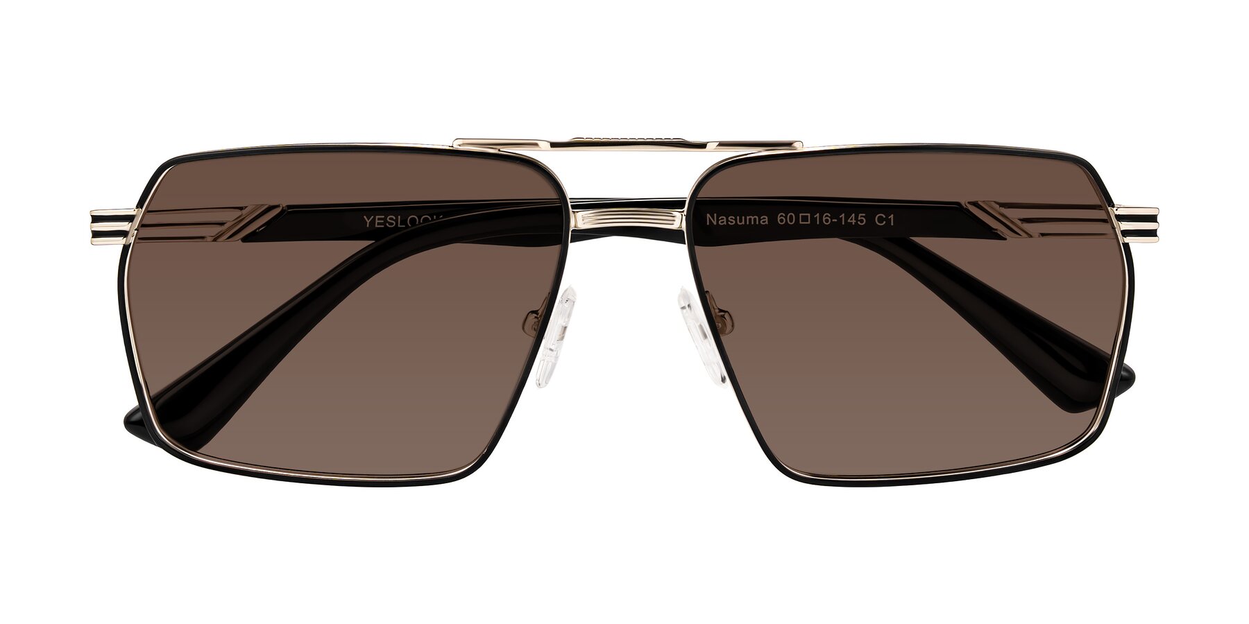 Folded Front of Nasuma in Gold/Black with Brown Tinted Lenses