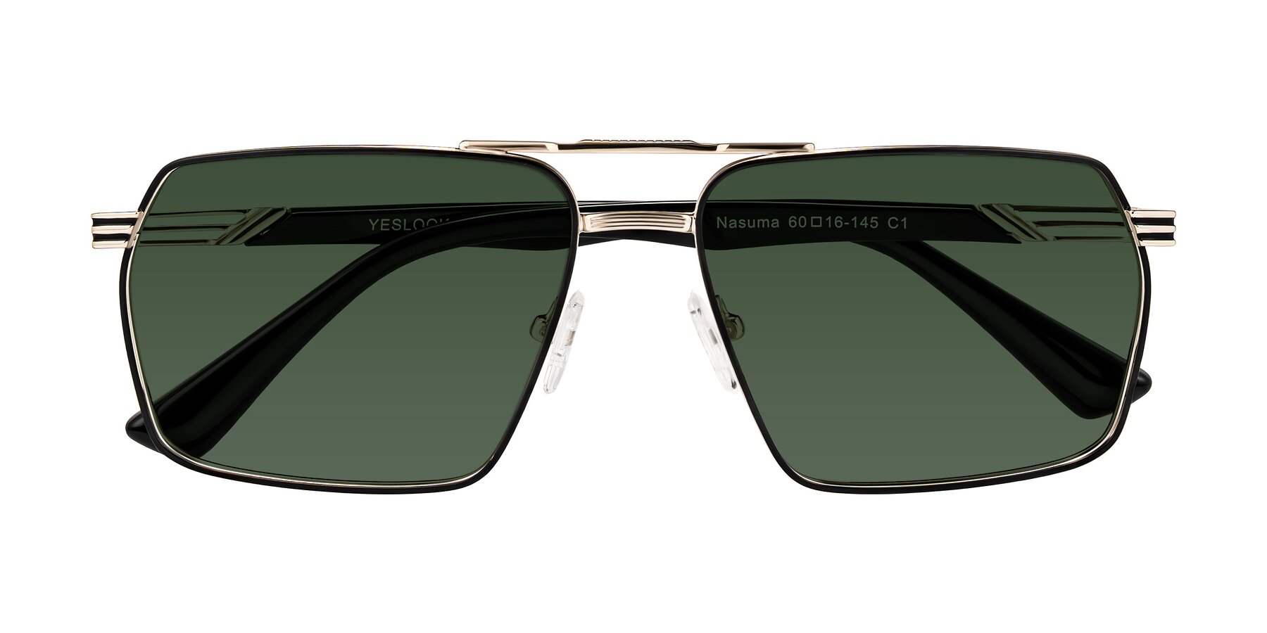 Folded Front of Nasuma in Gold/Black with Green Tinted Lenses