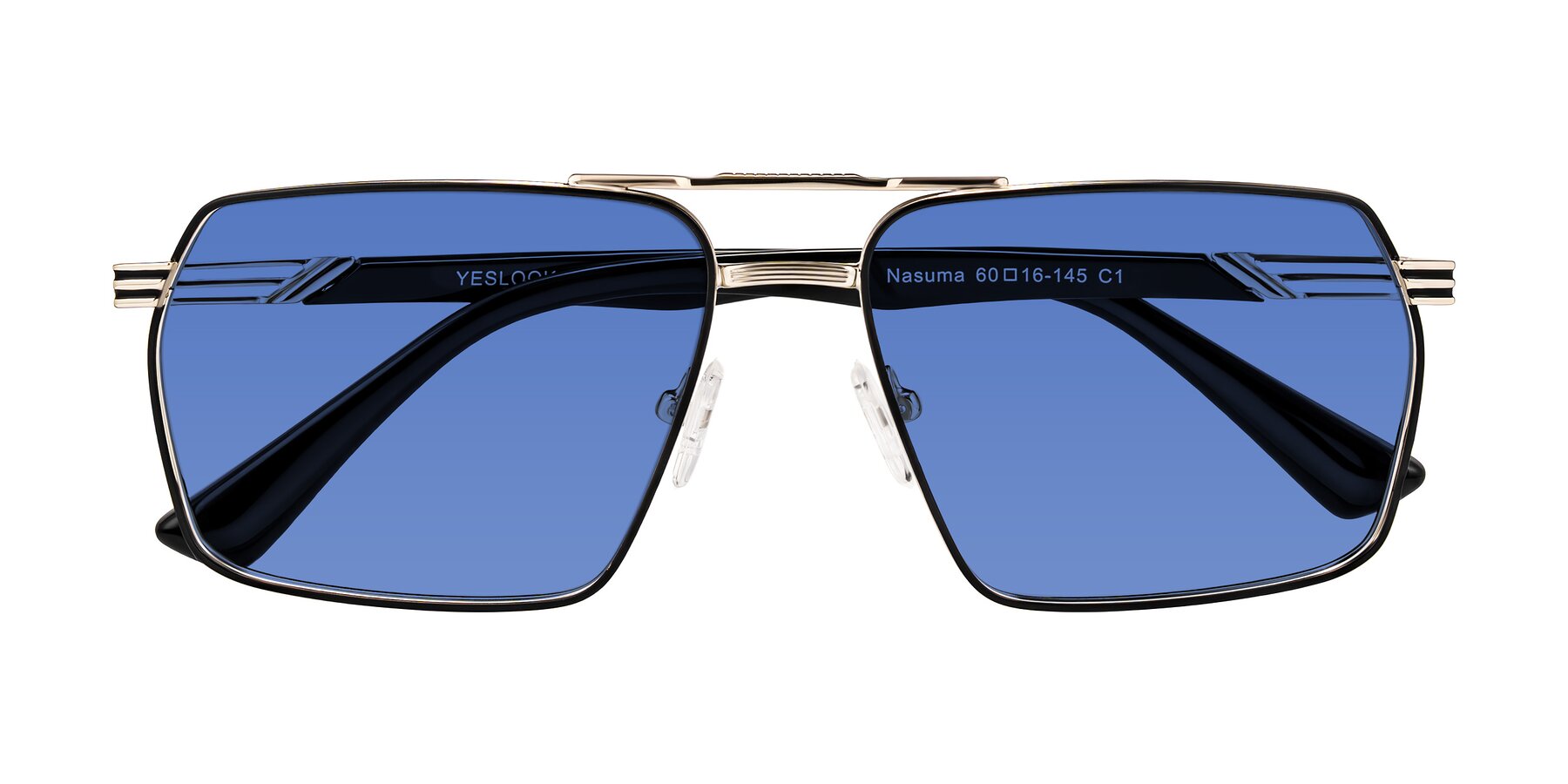 Folded Front of Nasuma in Gold/Black with Blue Tinted Lenses