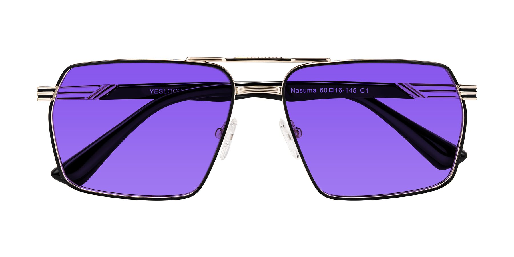 Folded Front of Nasuma in Gold/Black with Purple Tinted Lenses