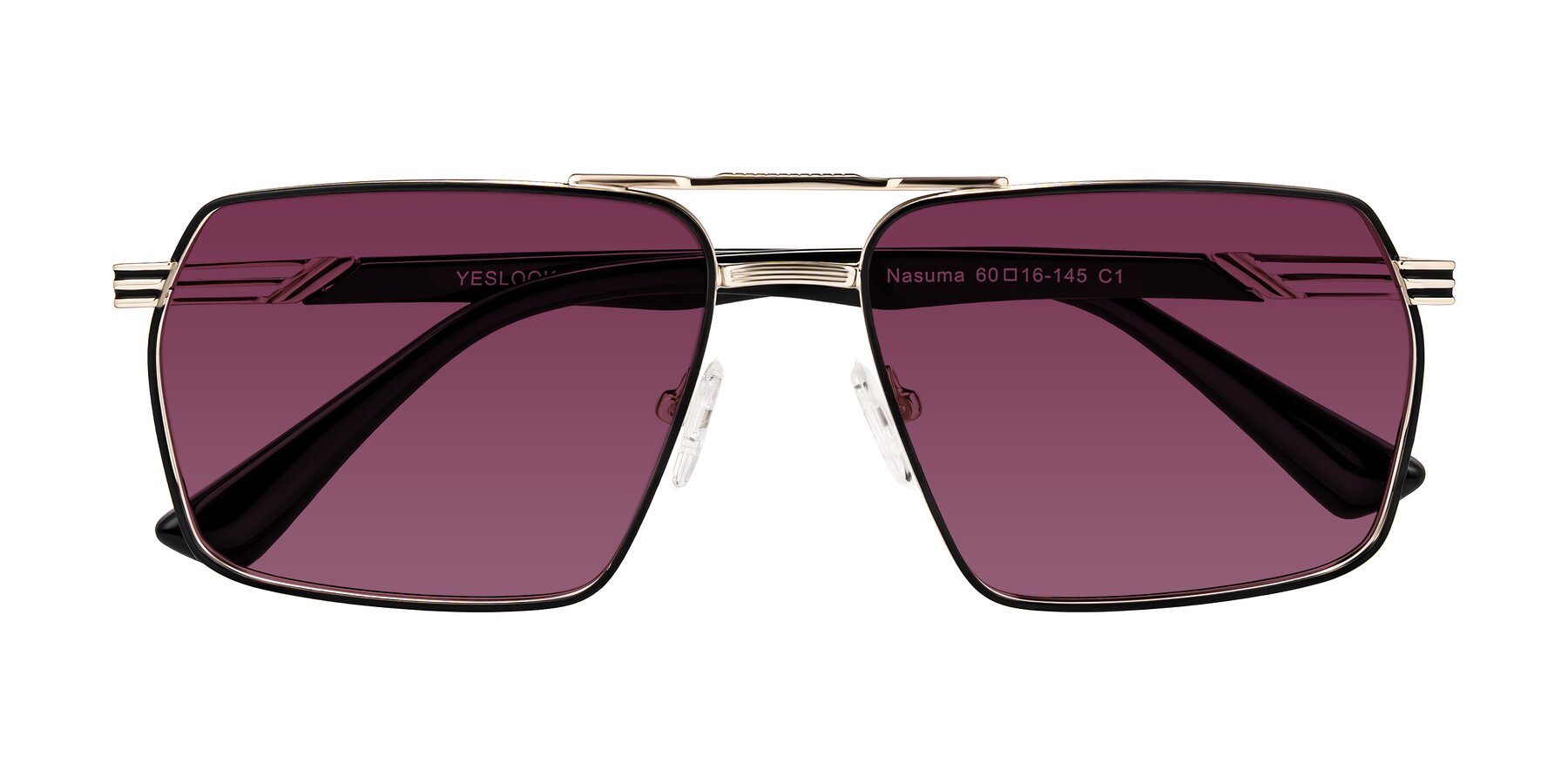 Folded Front of Nasuma in Gold/Black with Wine Tinted Lenses