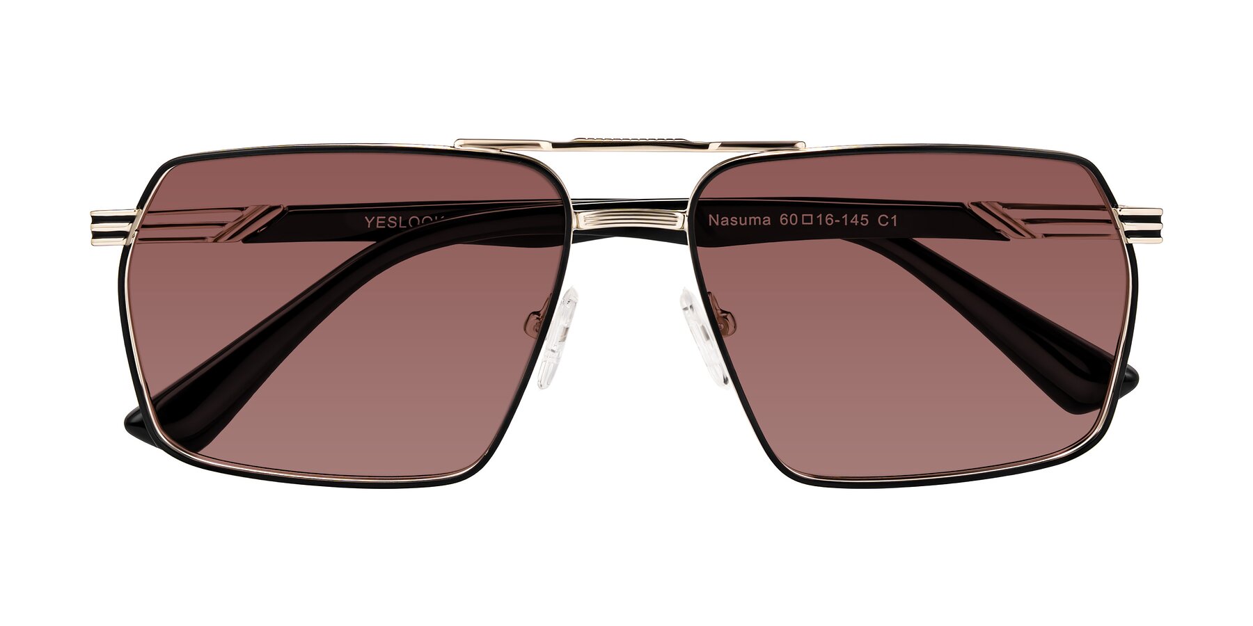 Folded Front of Nasuma in Gold/Black with Garnet Tinted Lenses