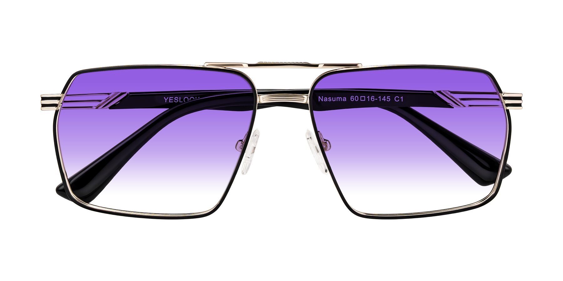 Folded Front of Nasuma in Gold/Black with Purple Gradient Lenses