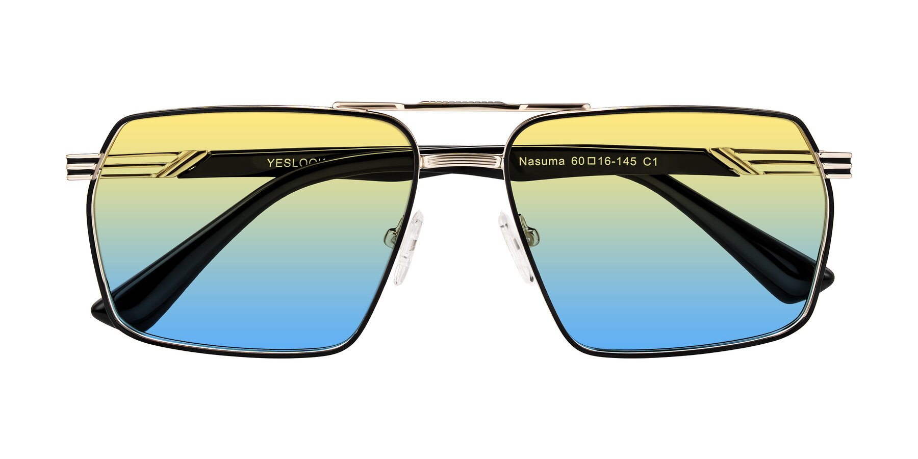 Folded Front of Nasuma in Gold/Black with Yellow / Blue Gradient Lenses