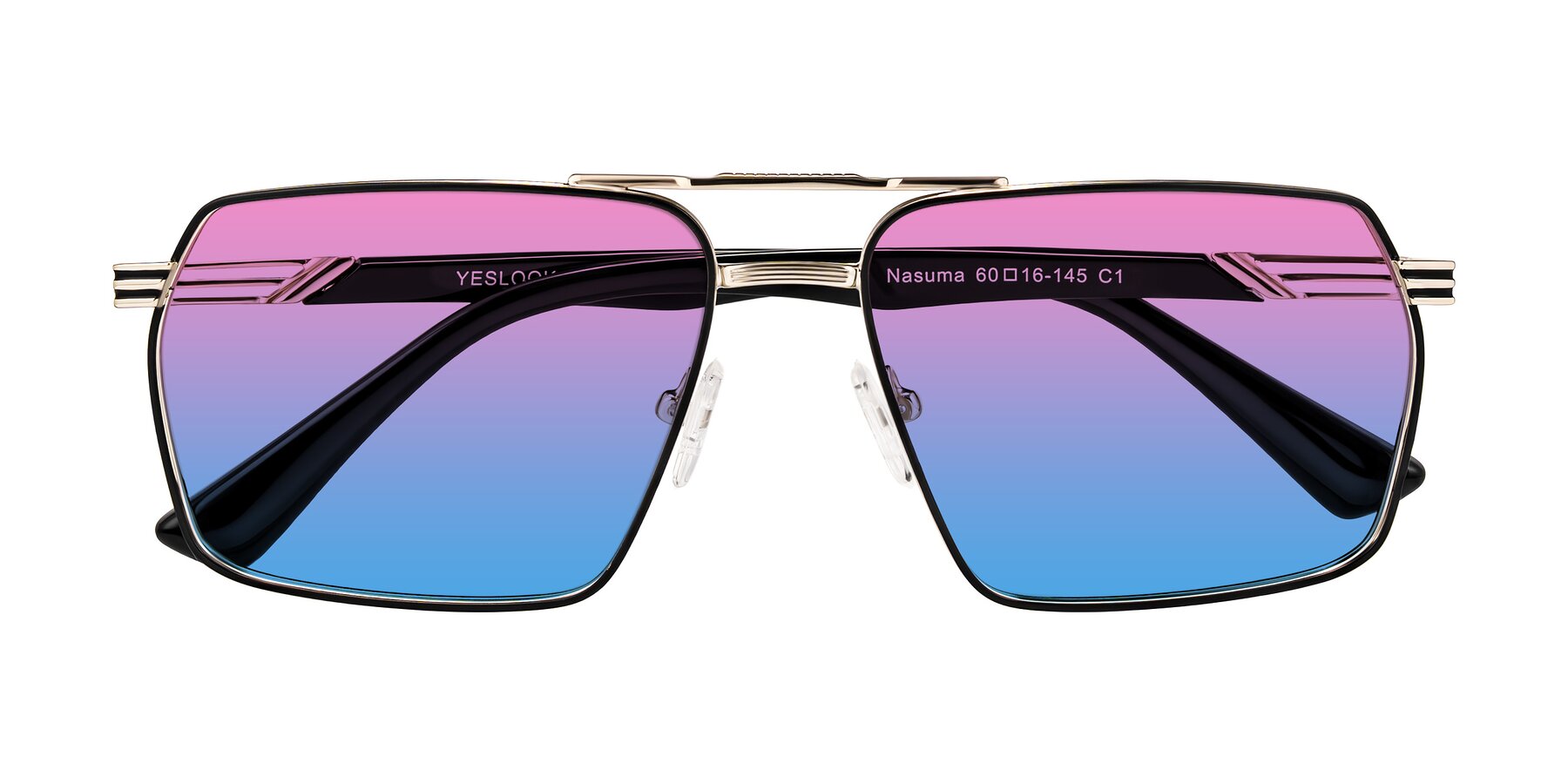 Folded Front of Nasuma in Gold/Black with Pink / Blue Gradient Lenses