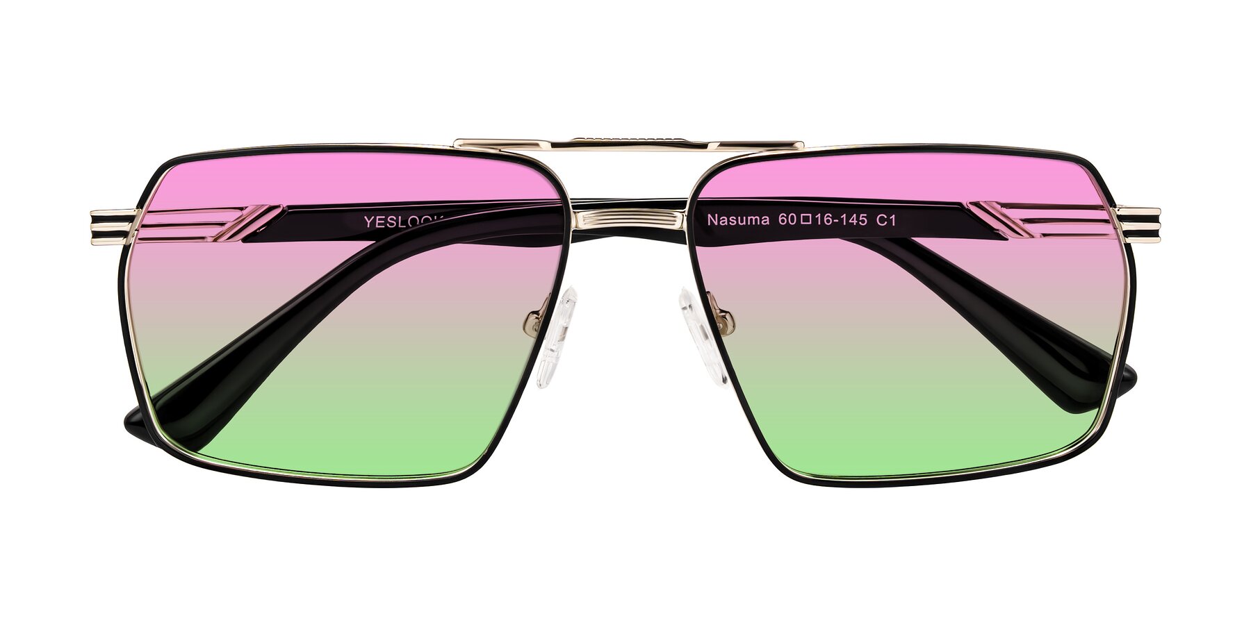 Folded Front of Nasuma in Gold/Black with Pink / Green Gradient Lenses