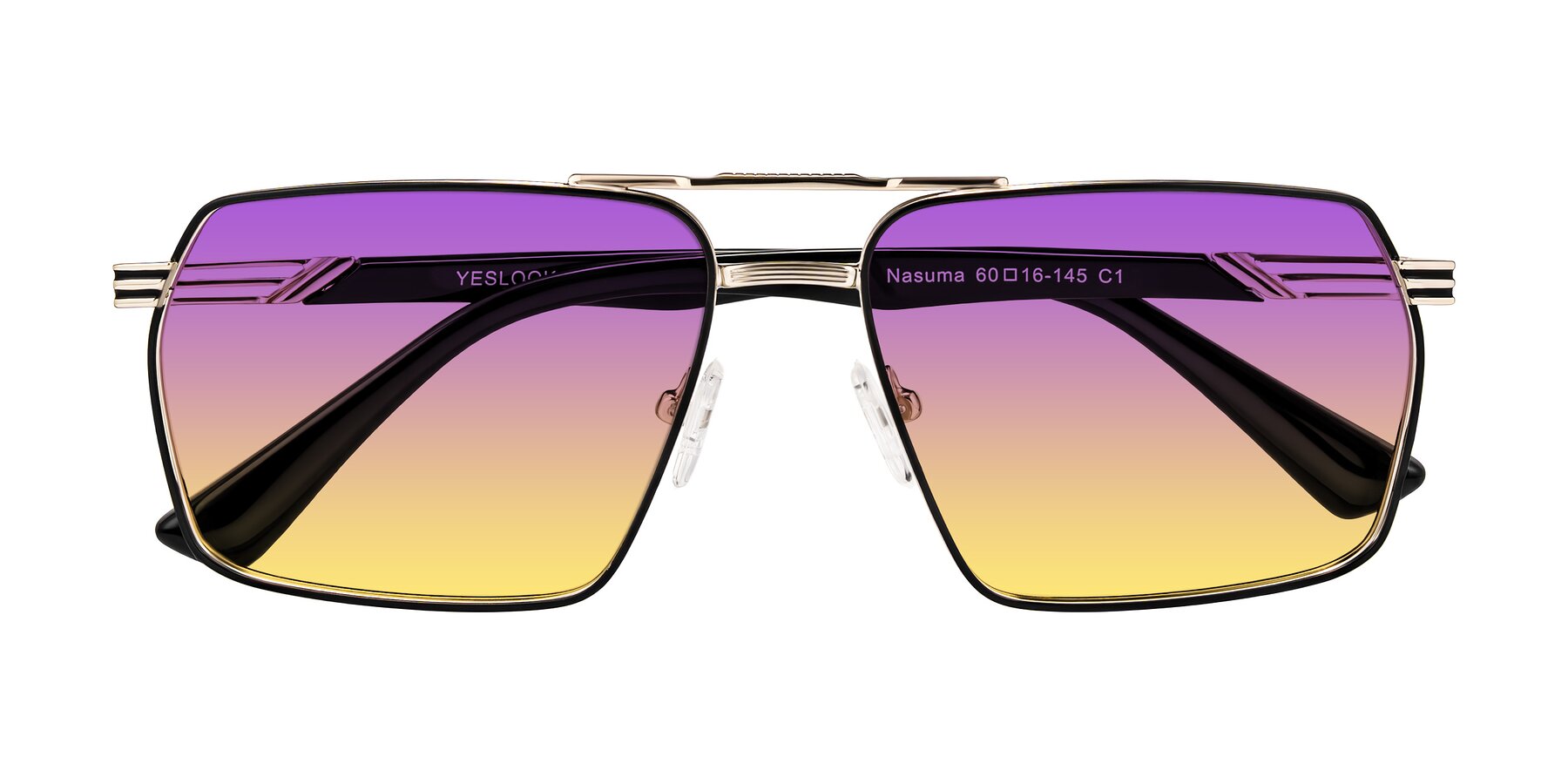 Folded Front of Nasuma in Gold/Black with Purple / Yellow Gradient Lenses