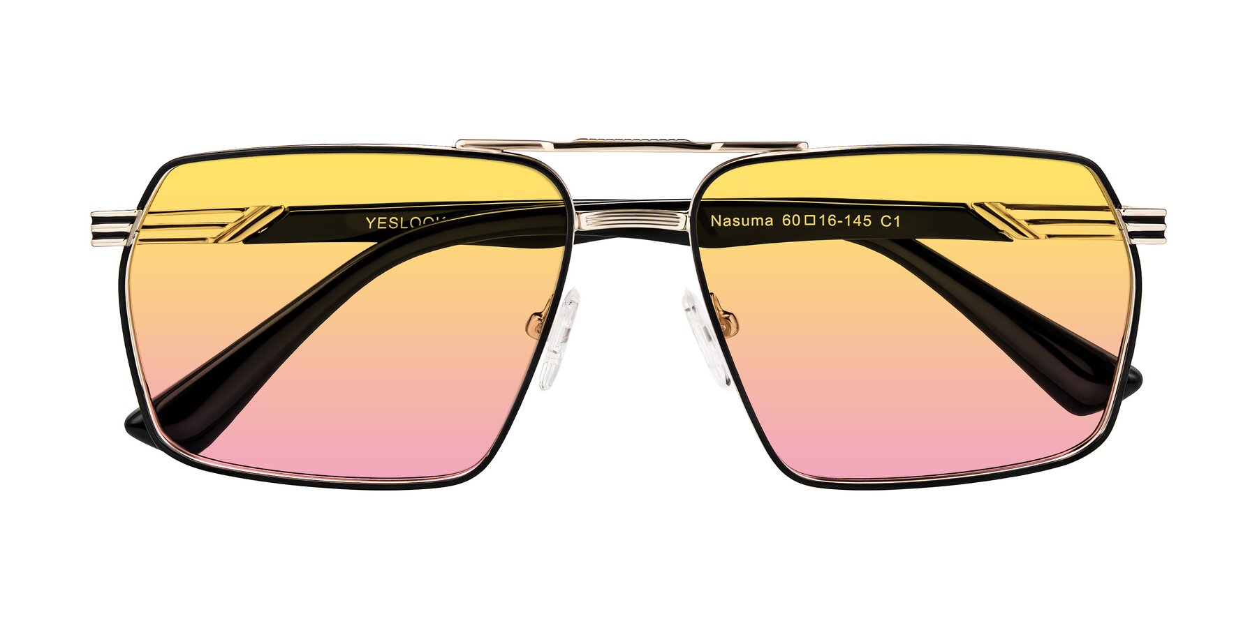 Folded Front of Nasuma in Gold/Black with Yellow / Pink Gradient Lenses