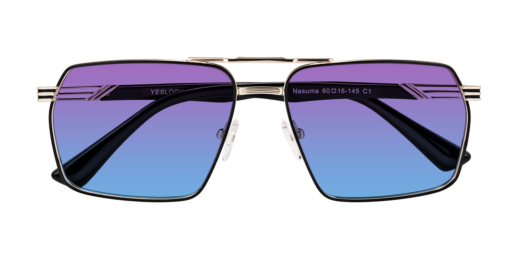 Folded Front of Nasuma in Gold/Black with Purple / Blue Gradient Lenses