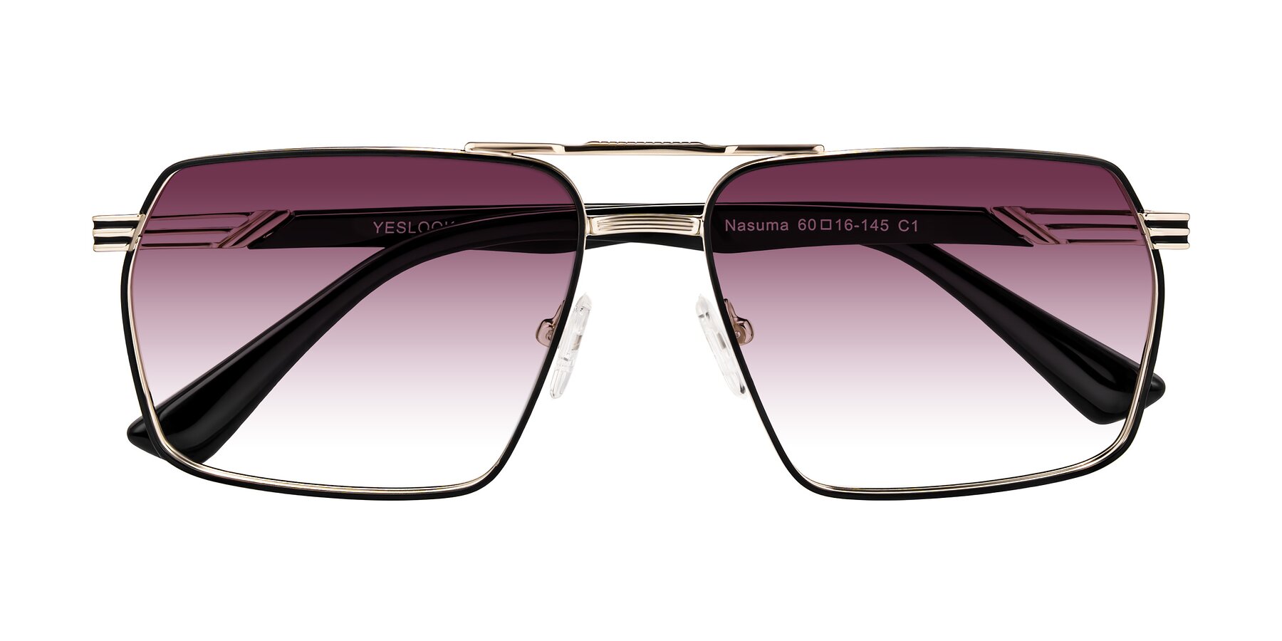 Folded Front of Nasuma in Gold/Black with Wine Gradient Lenses