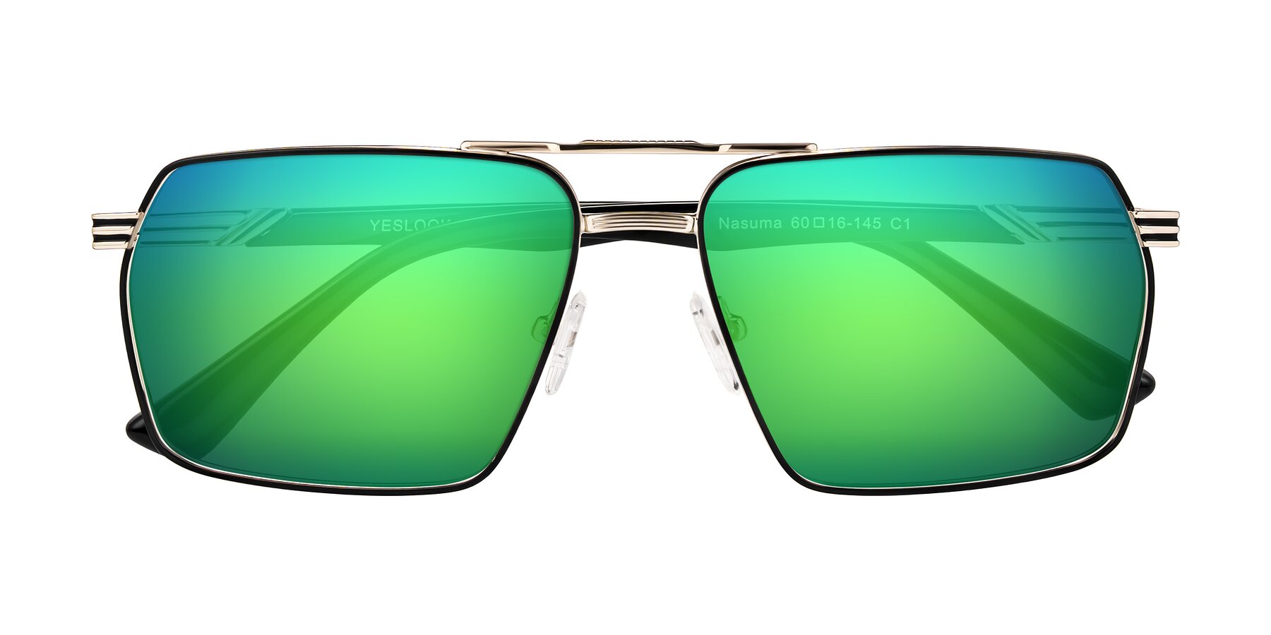 Folded Front of Nasuma in Gold/Black with Green Mirrored Lenses