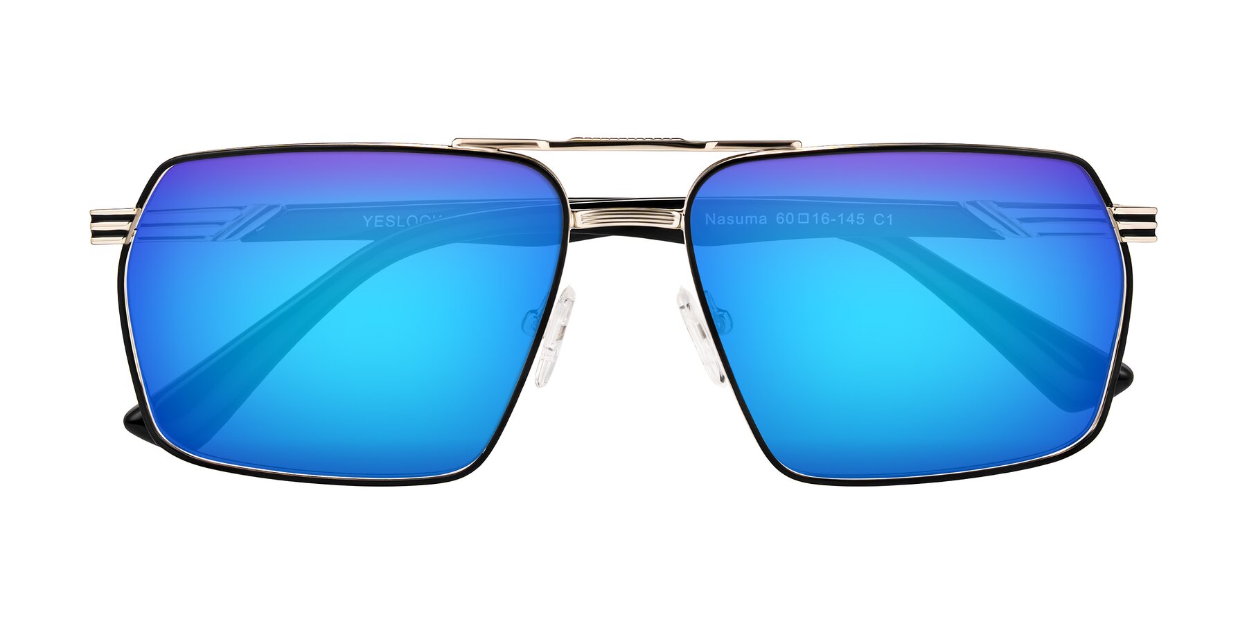 Folded Front of Nasuma in Gold/Black with Blue Mirrored Lenses