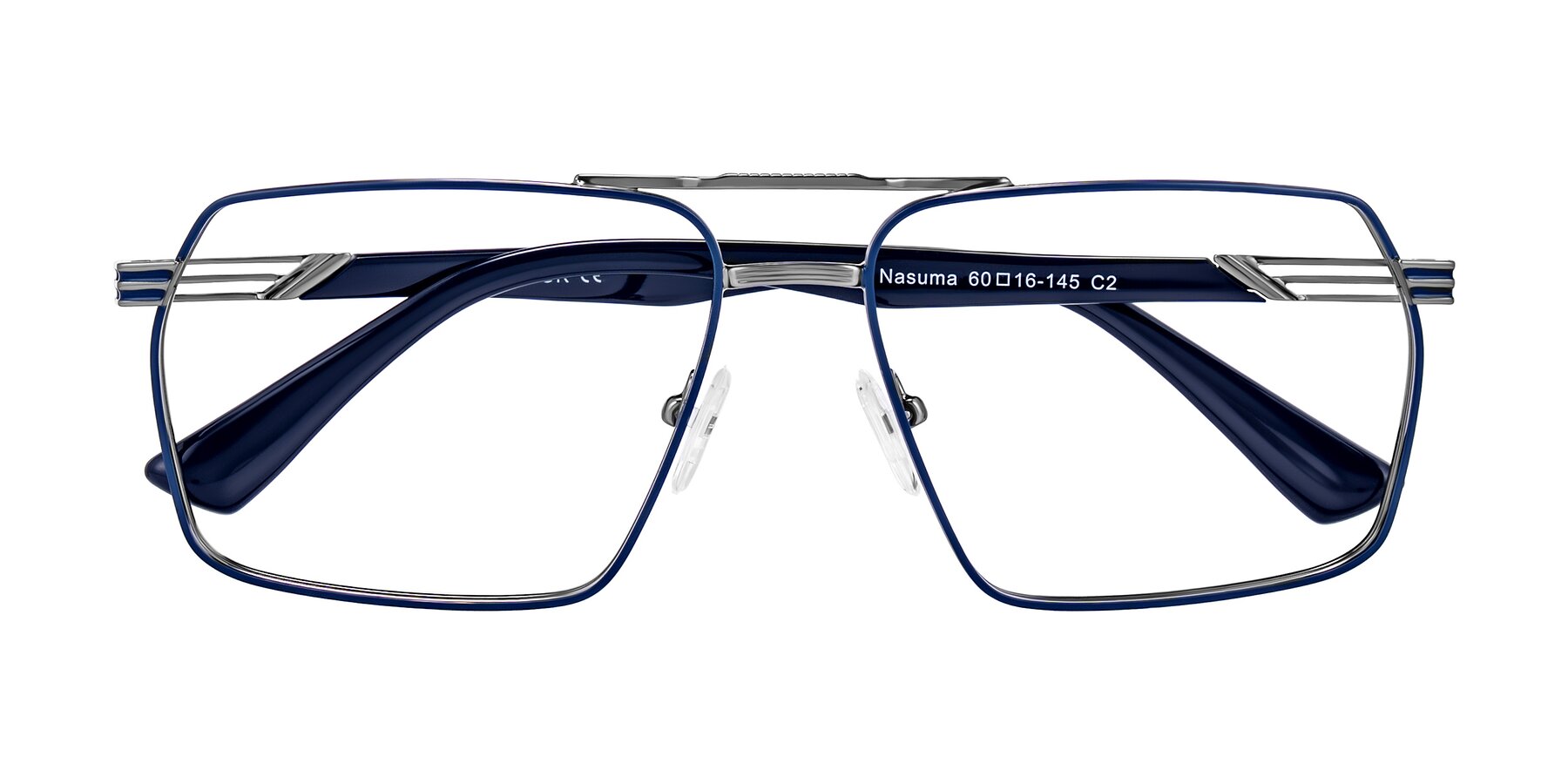 Folded Front of Nasuma in Gunmetal/Blue with Clear Eyeglass Lenses
