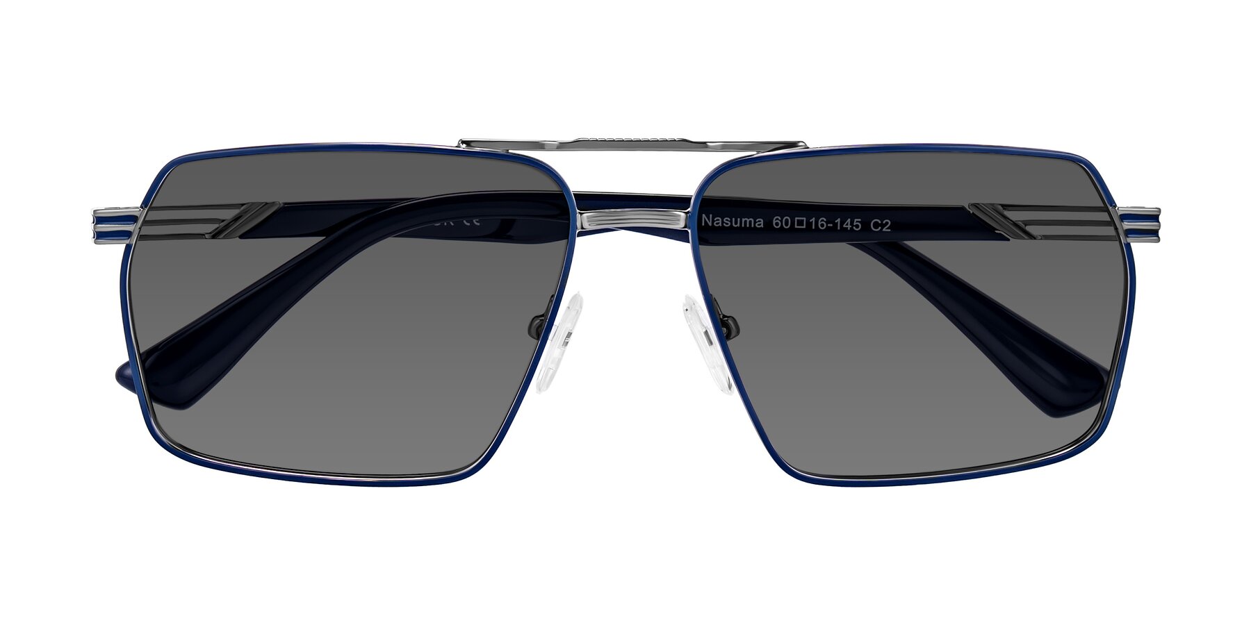 Folded Front of Nasuma in Gunmetal/Blue with Medium Gray Tinted Lenses