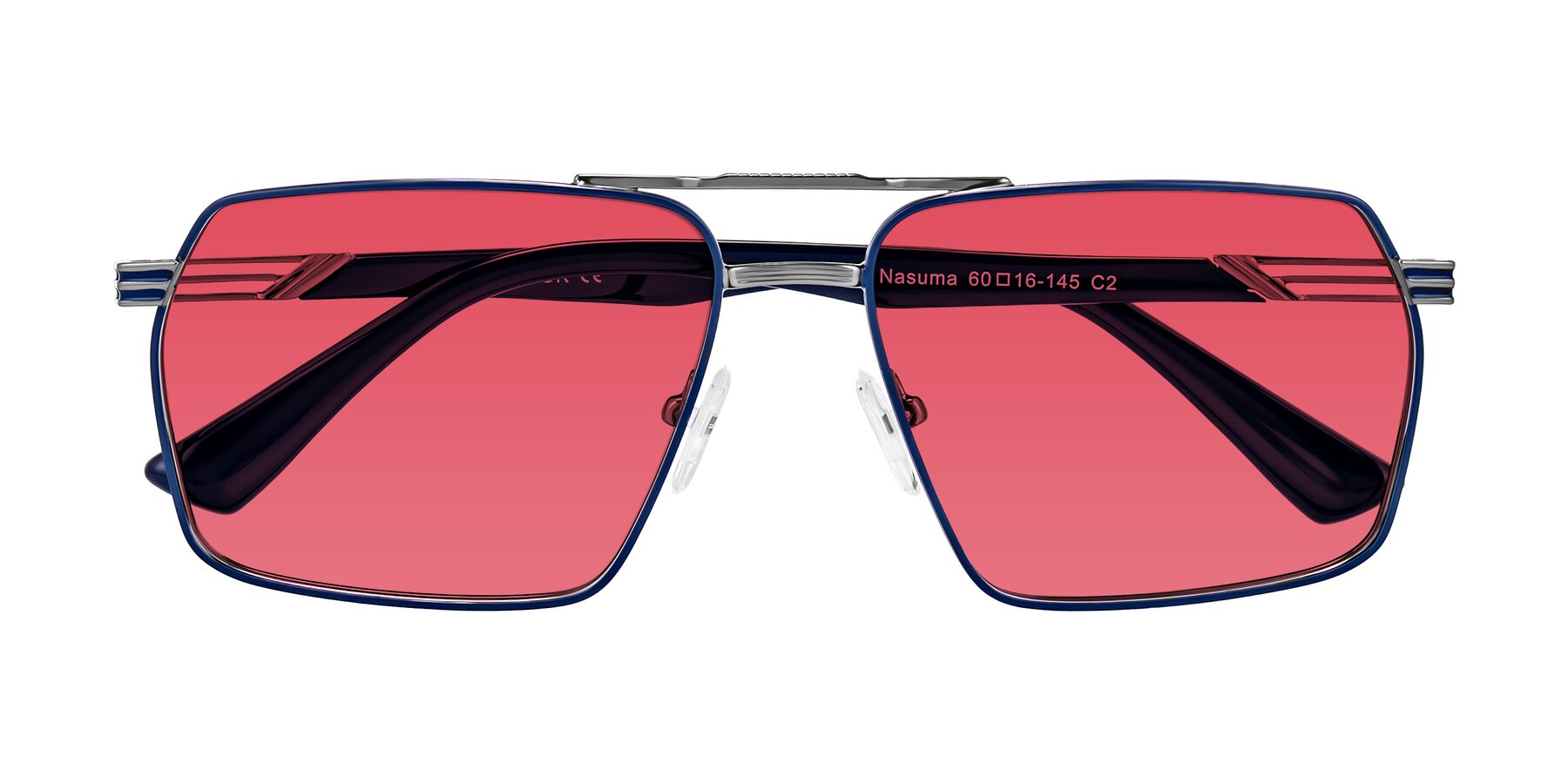 Folded Front of Nasuma in Gunmetal/Blue with Red Tinted Lenses