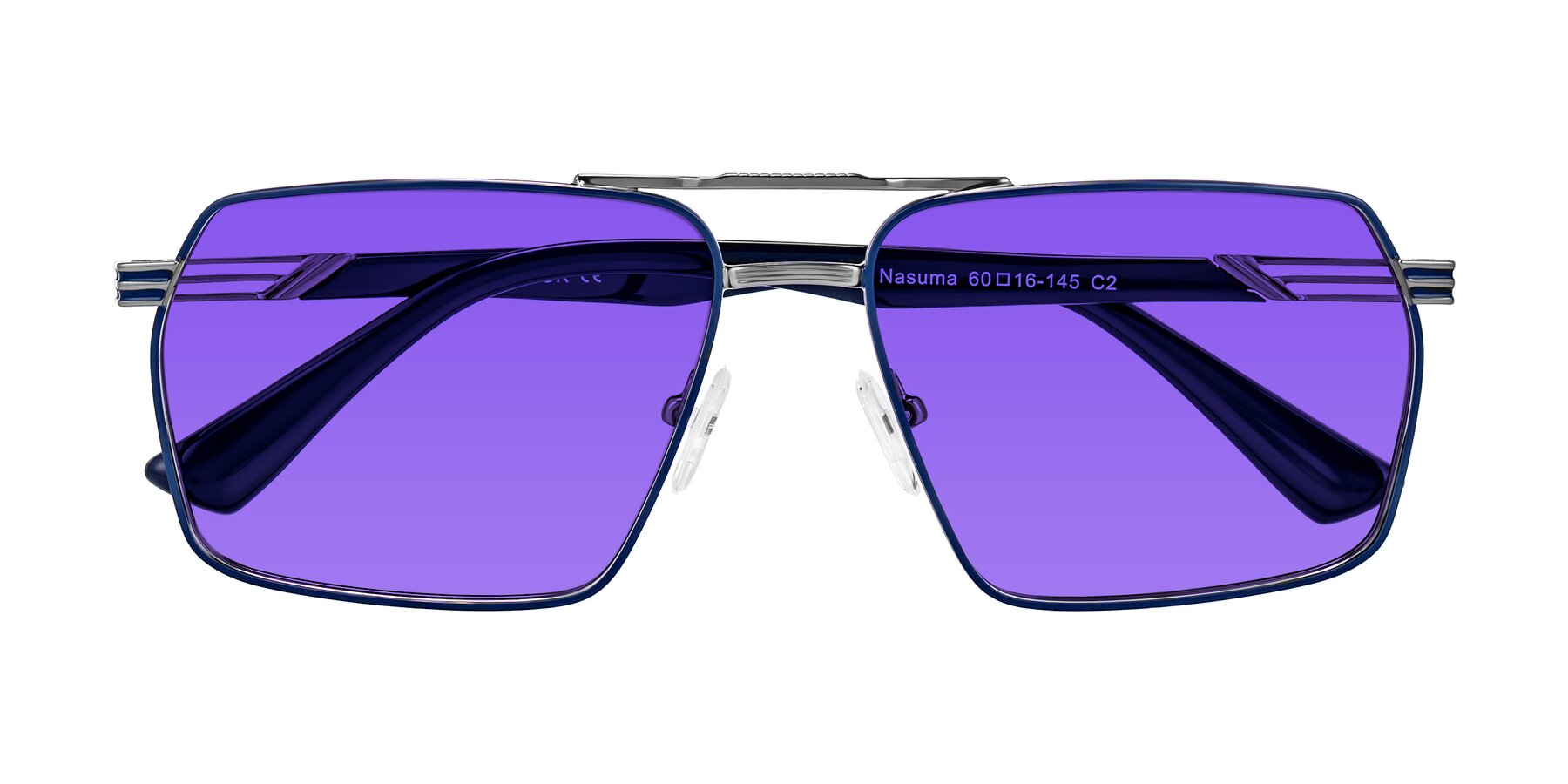 Folded Front of Nasuma in Gunmetal/Blue with Purple Tinted Lenses