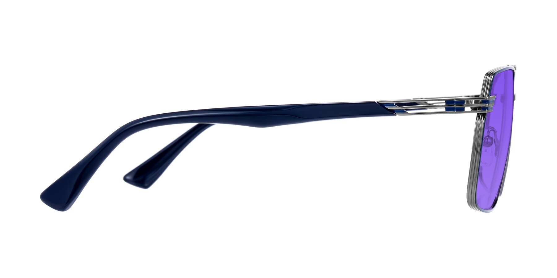 Side of Nasuma in Gunmetal/Blue with Purple Tinted Lenses