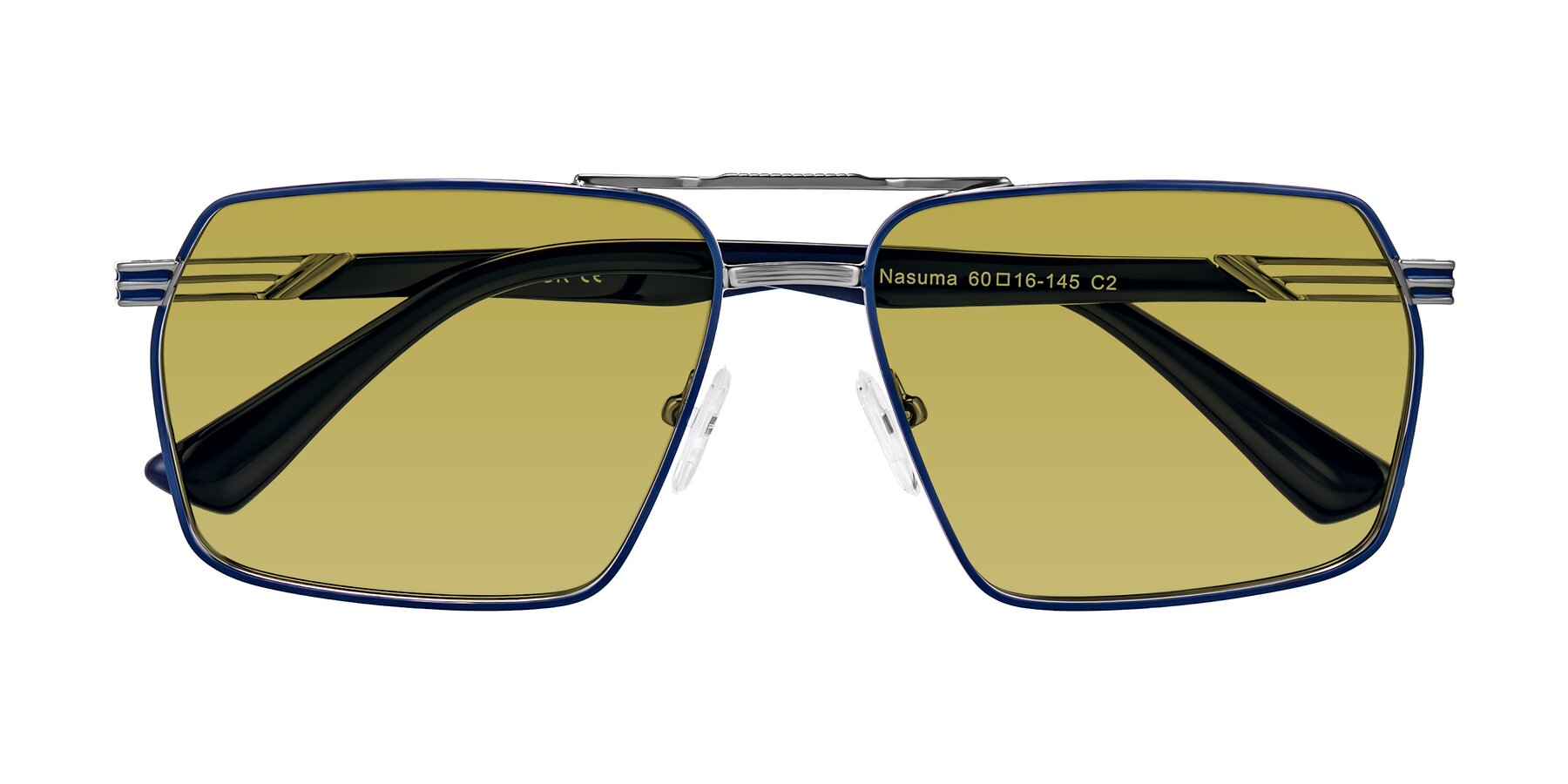 Folded Front of Nasuma in Gunmetal/Blue with Champagne Tinted Lenses