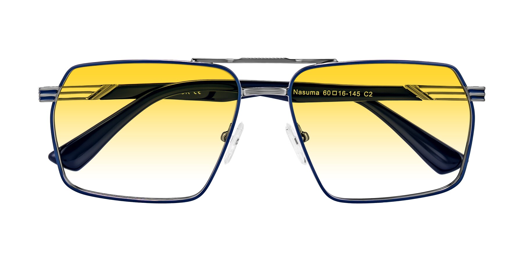 Folded Front of Nasuma in Gunmetal/Blue with Yellow Gradient Lenses