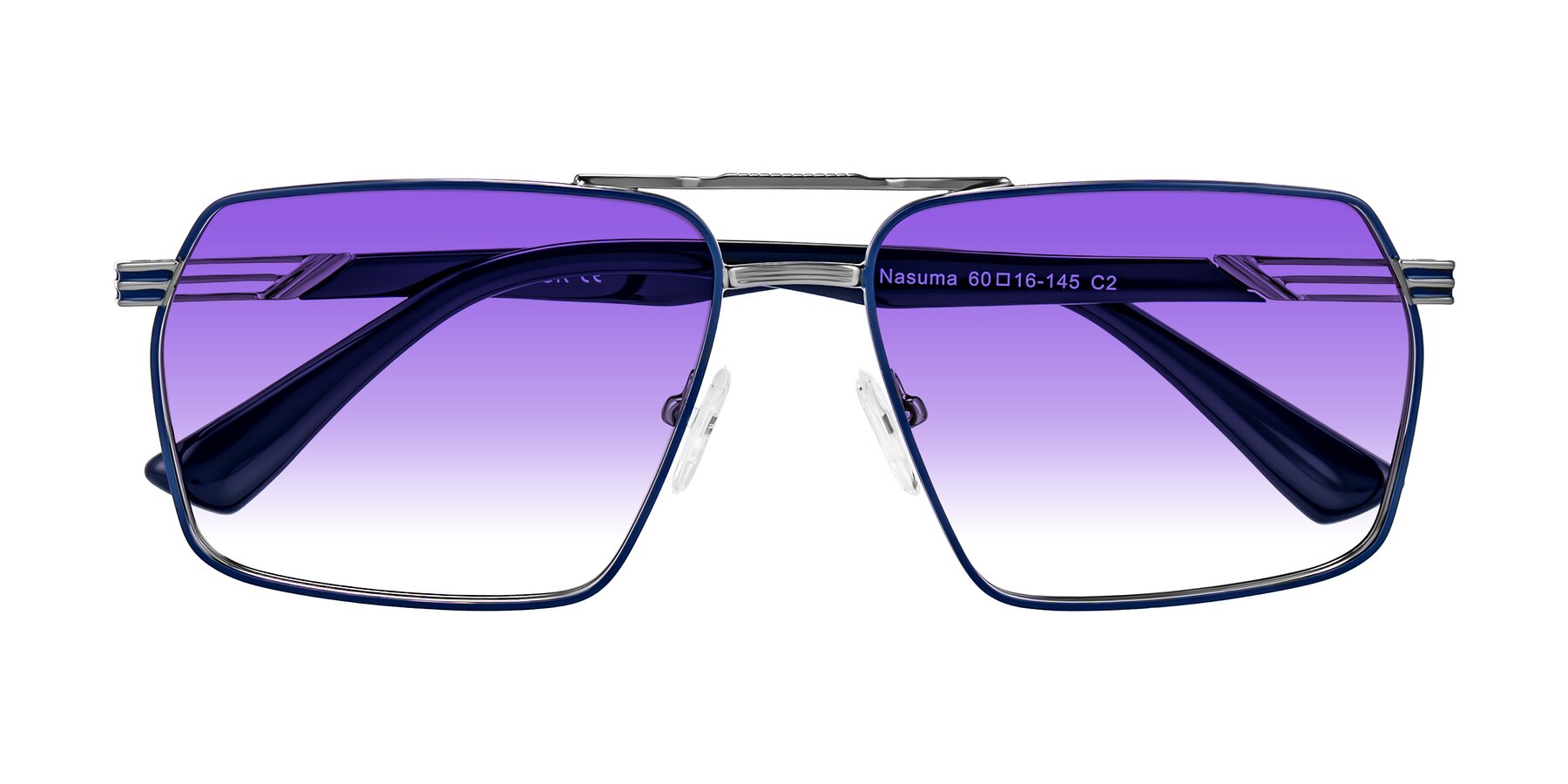 Folded Front of Nasuma in Gunmetal/Blue with Purple Gradient Lenses