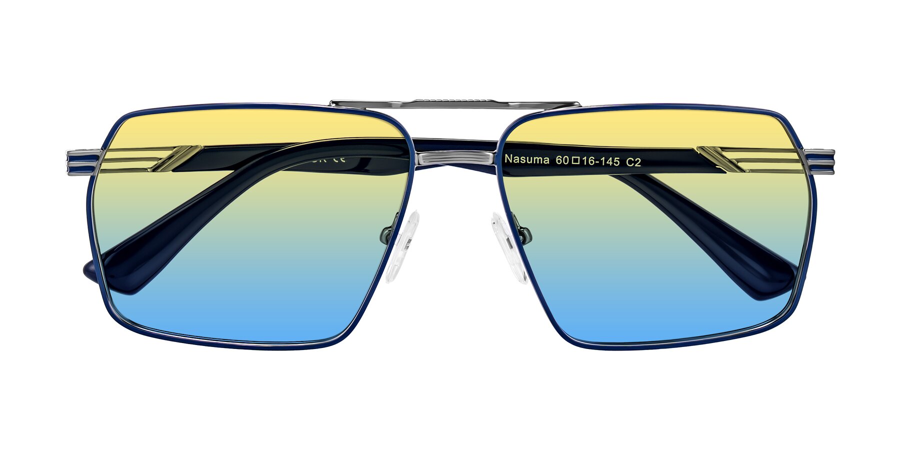Folded Front of Nasuma in Gunmetal/Blue with Yellow / Blue Gradient Lenses
