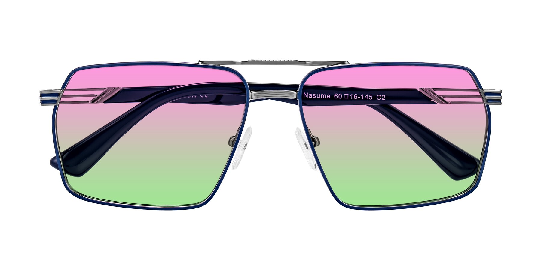 Folded Front of Nasuma in Gunmetal/Blue with Pink / Green Gradient Lenses