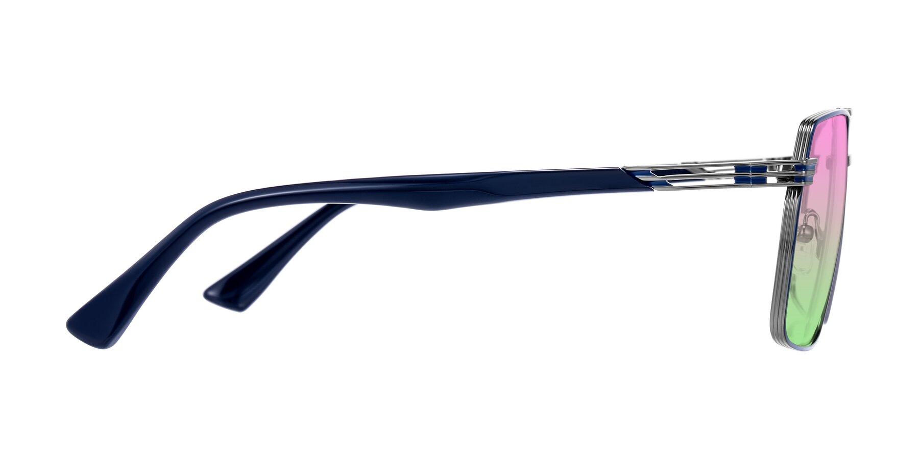 Side of Nasuma in Gunmetal/Blue with Pink / Green Gradient Lenses