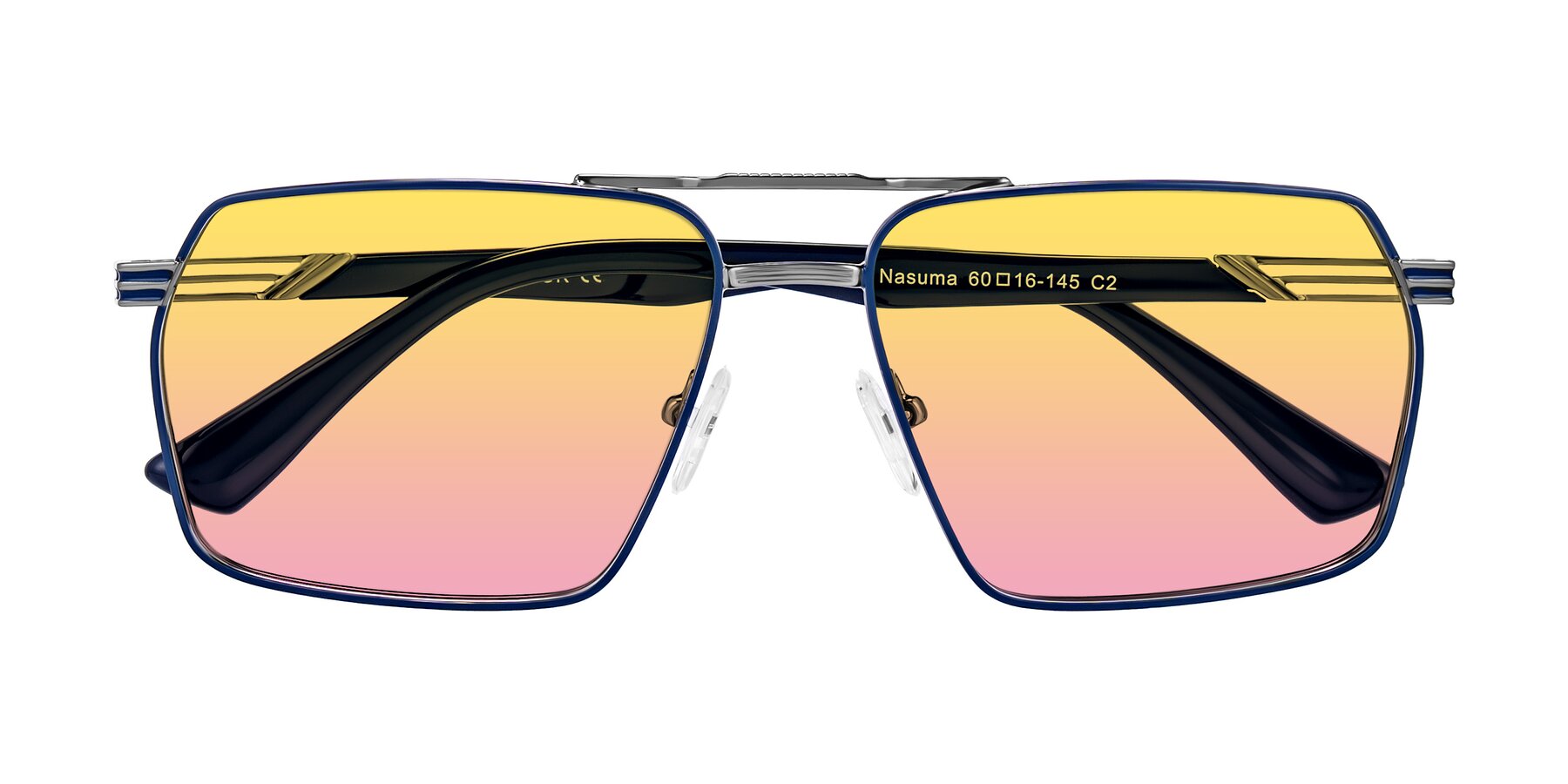 Folded Front of Nasuma in Gunmetal/Blue with Yellow / Pink Gradient Lenses