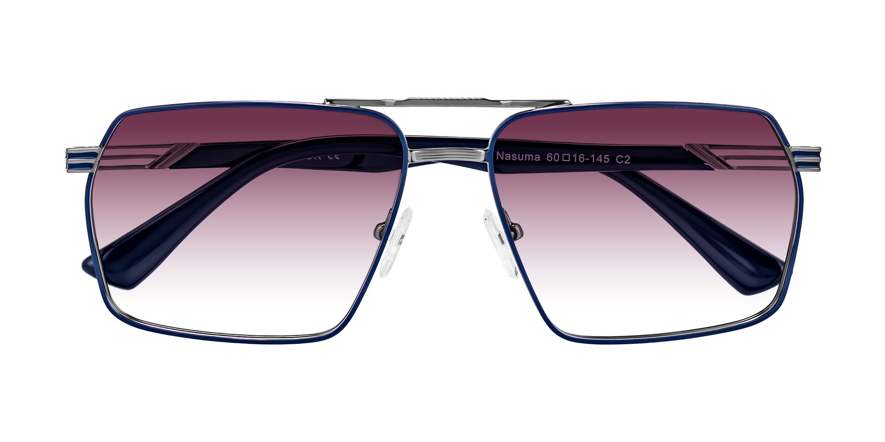 Folded Front of Nasuma in Gunmetal/Blue with Wine Gradient Lenses