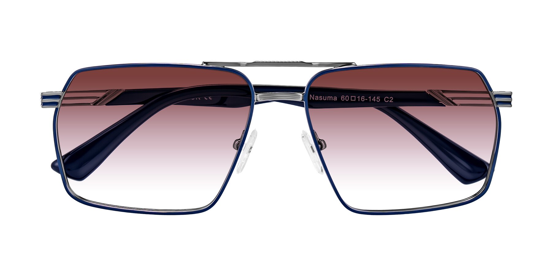 Folded Front of Nasuma in Gunmetal/Blue with Garnet Gradient Lenses
