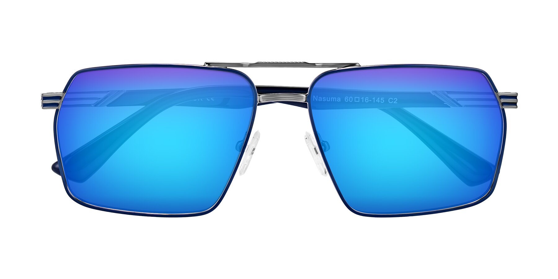 Folded Front of Nasuma in Gunmetal/Blue with Blue Mirrored Lenses