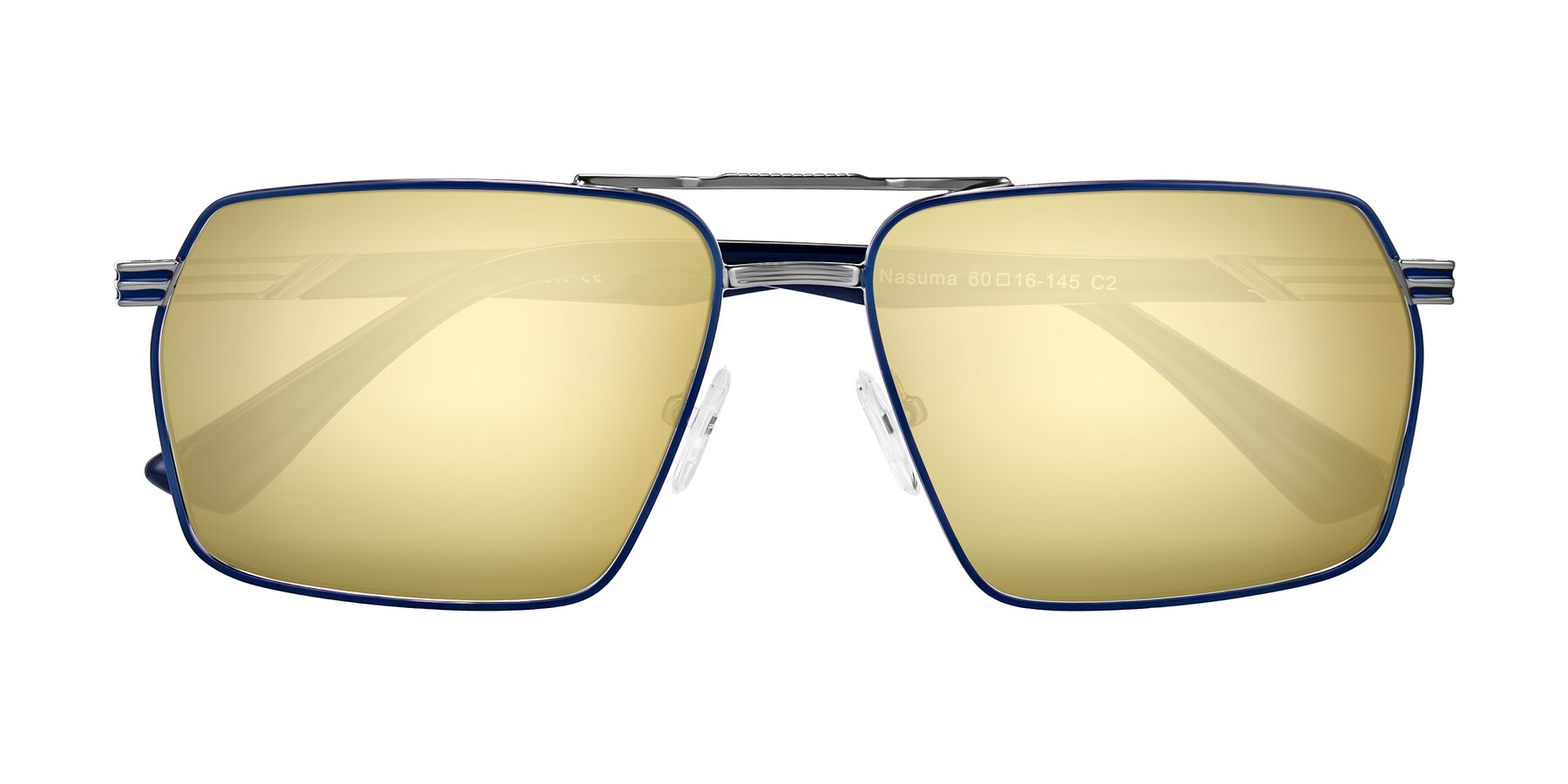 Folded Front of Nasuma in Gunmetal/Blue with Gold Mirrored Lenses