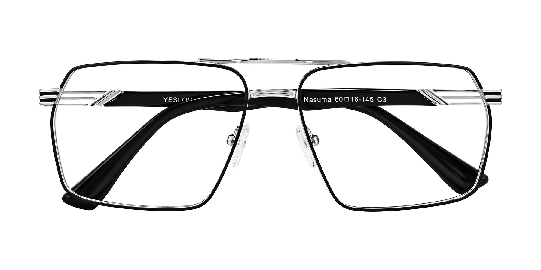 Folded Front of Nasuma in Chrome/Black with Clear Eyeglass Lenses