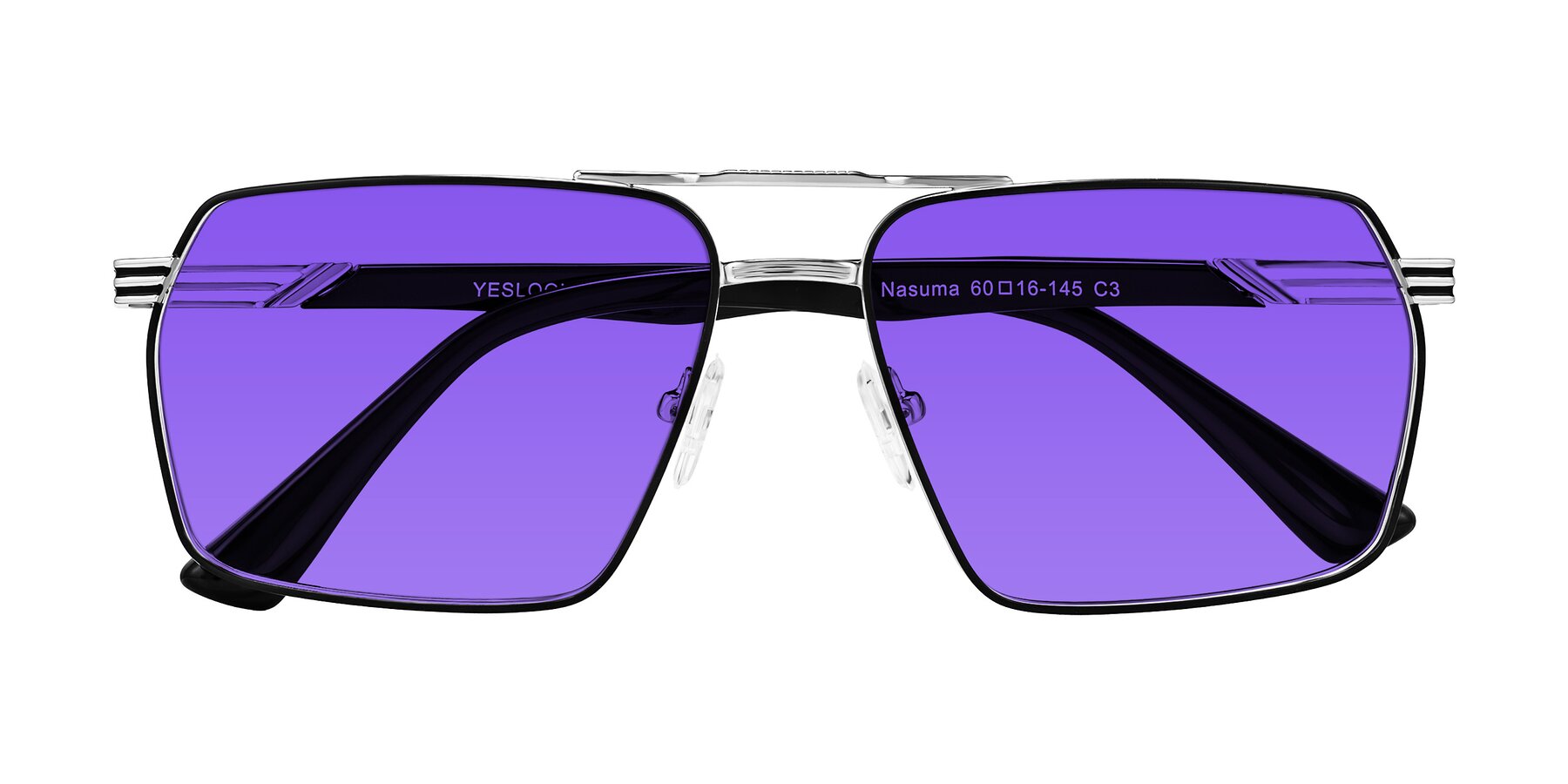 Folded Front of Nasuma in Chrome/Black with Purple Tinted Lenses