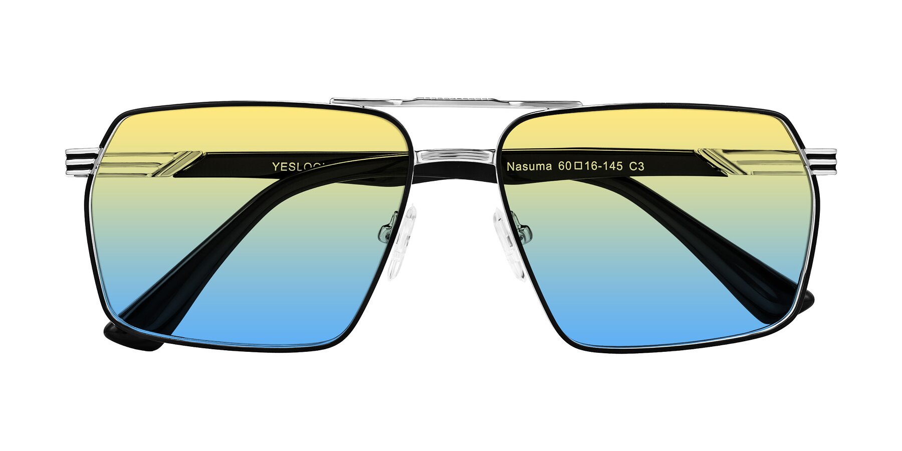Folded Front of Nasuma in Chrome/Black with Yellow / Blue Gradient Lenses