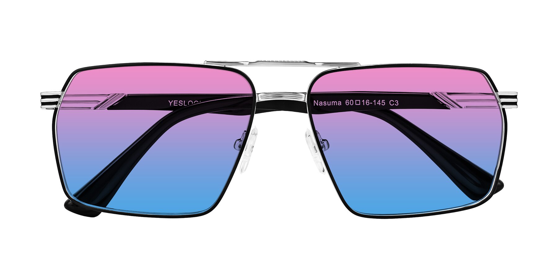 Folded Front of Nasuma in Chrome/Black with Pink / Blue Gradient Lenses