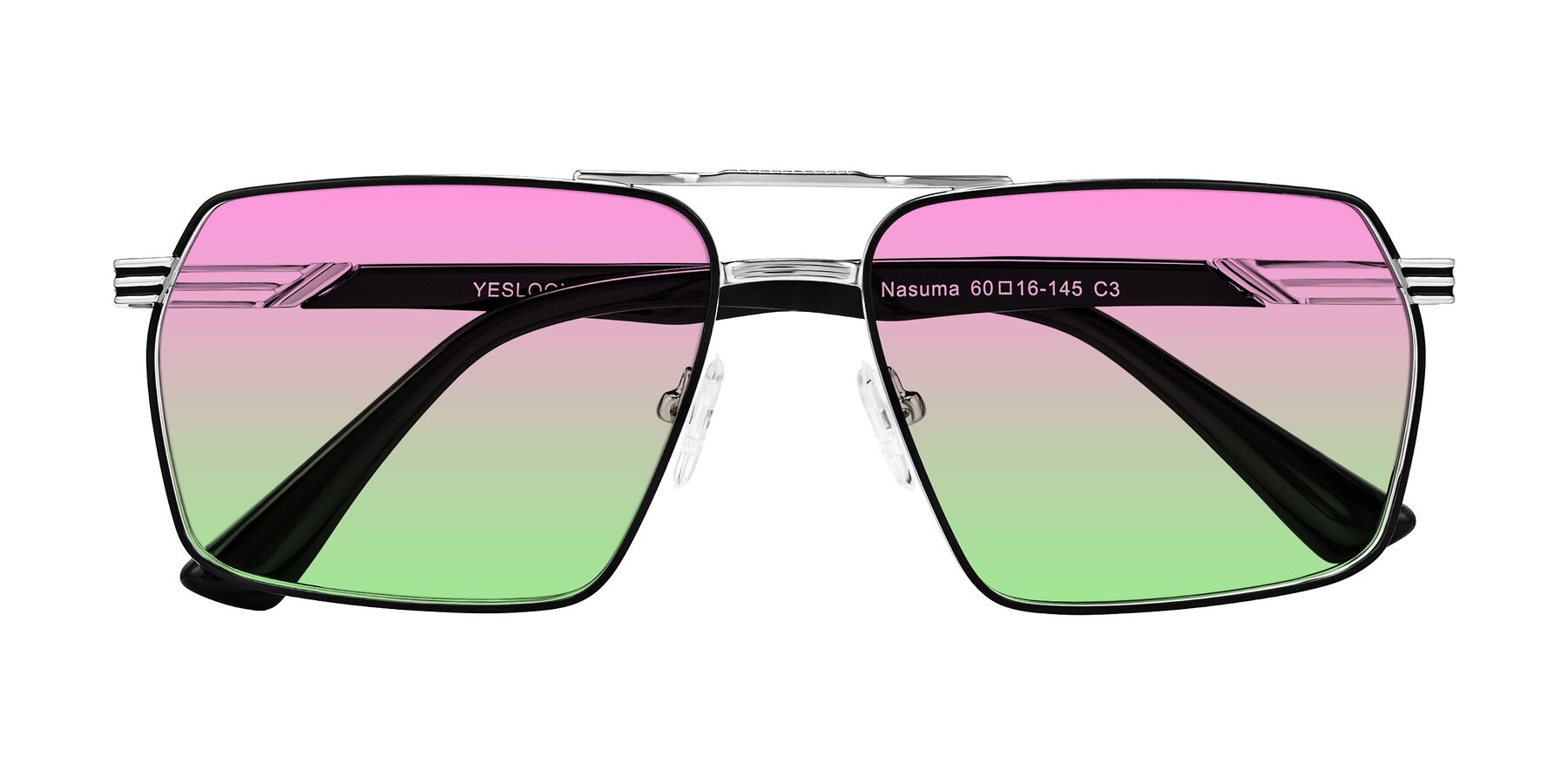 Folded Front of Nasuma in Chrome/Black with Pink / Green Gradient Lenses