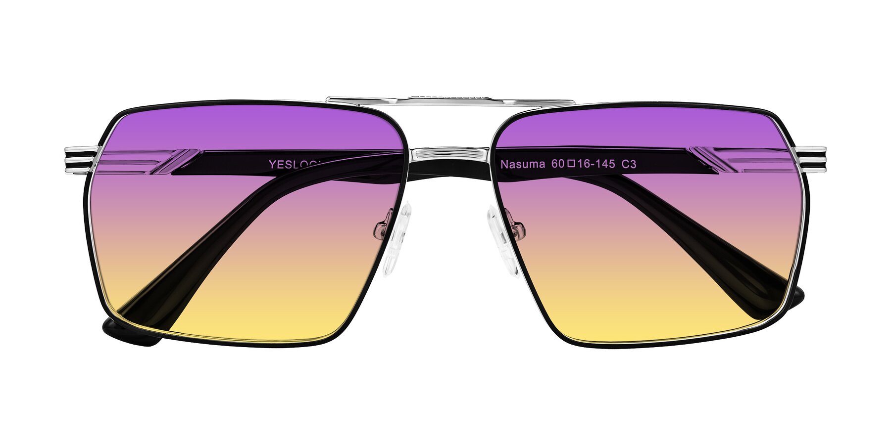 Folded Front of Nasuma in Chrome/Black with Purple / Yellow Gradient Lenses