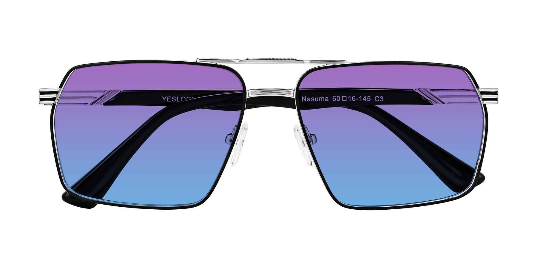 Folded Front of Nasuma in Chrome/Black with Purple / Blue Gradient Lenses
