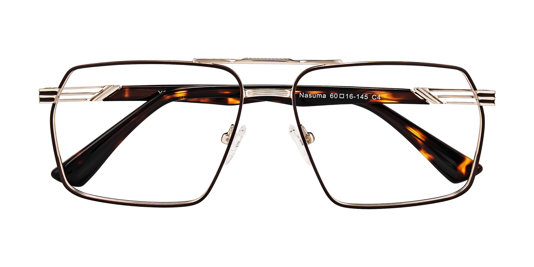 Folded Front of Nasuma in Gold/Tortoise with Clear Eyeglass Lenses