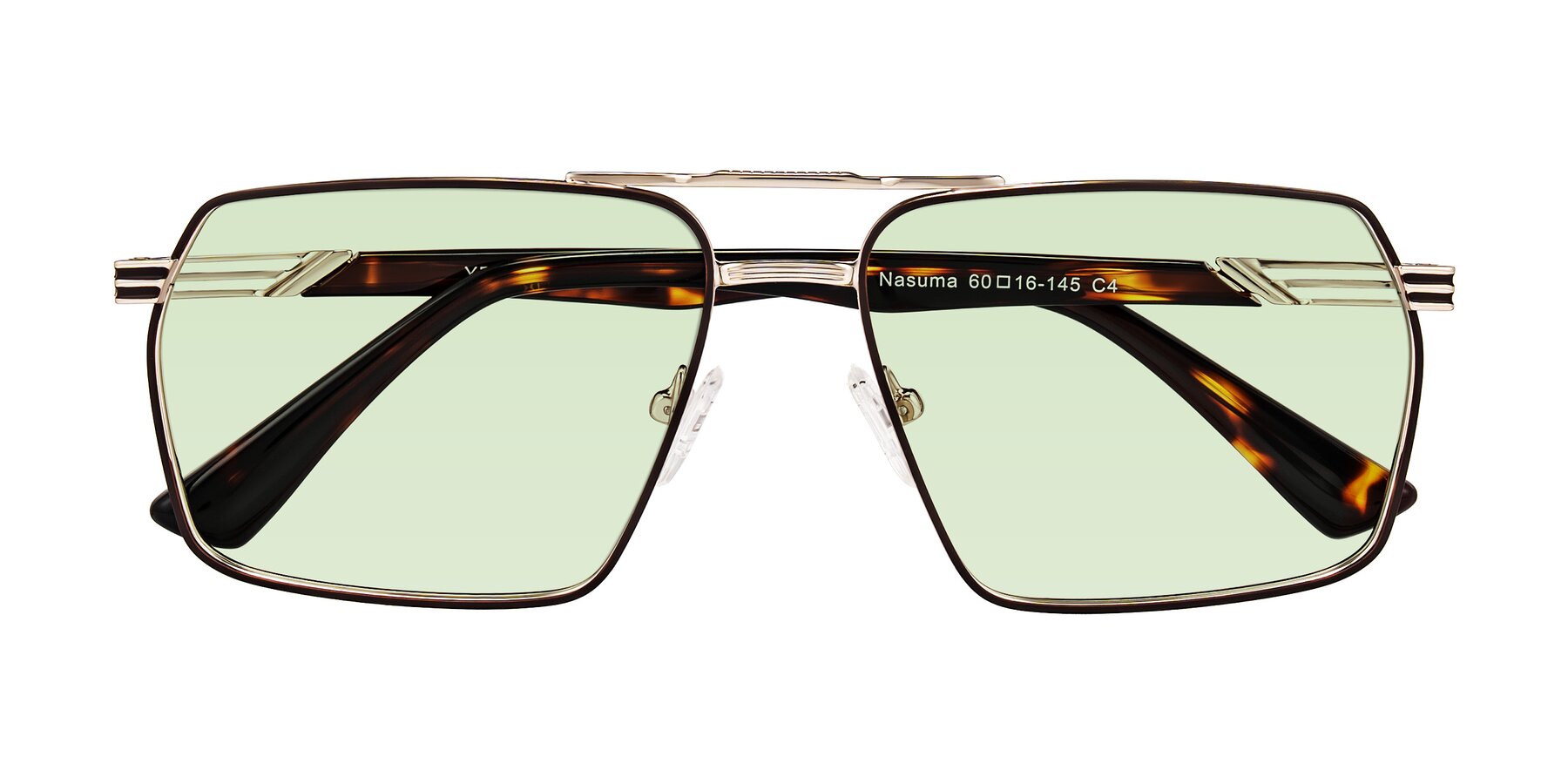 Folded Front of Nasuma in Gold/Tortoise with Light Green Tinted Lenses