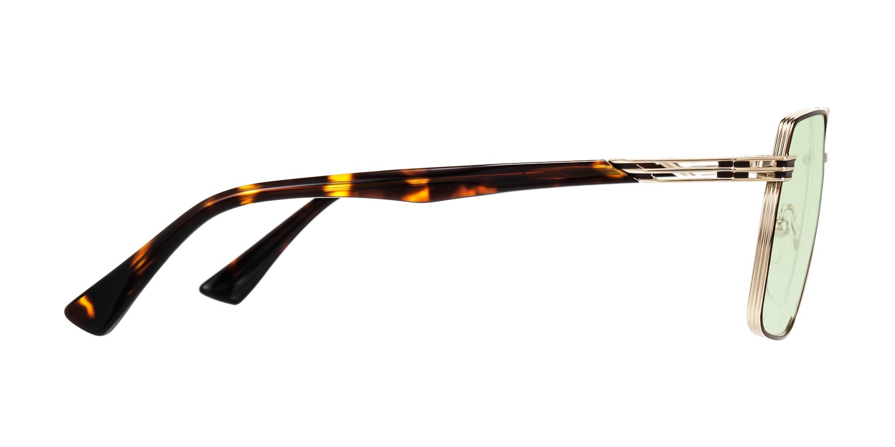 Side of Nasuma in Gold/Tortoise with Light Green Tinted Lenses