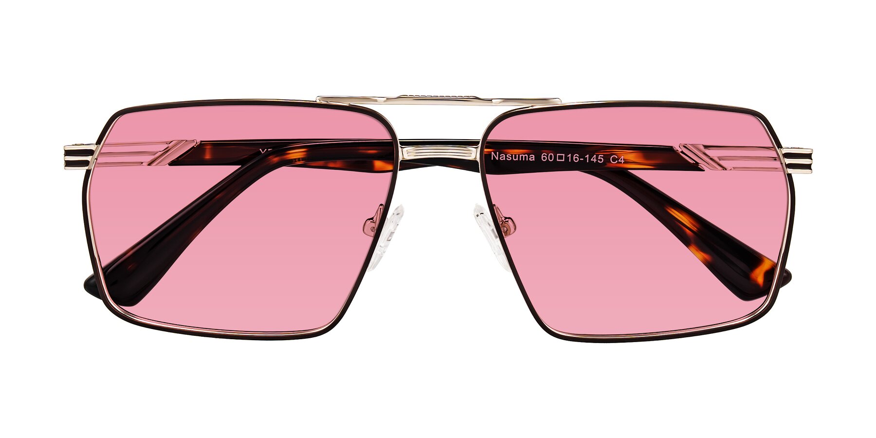 Folded Front of Nasuma in Gold/Tortoise with Pink Tinted Lenses