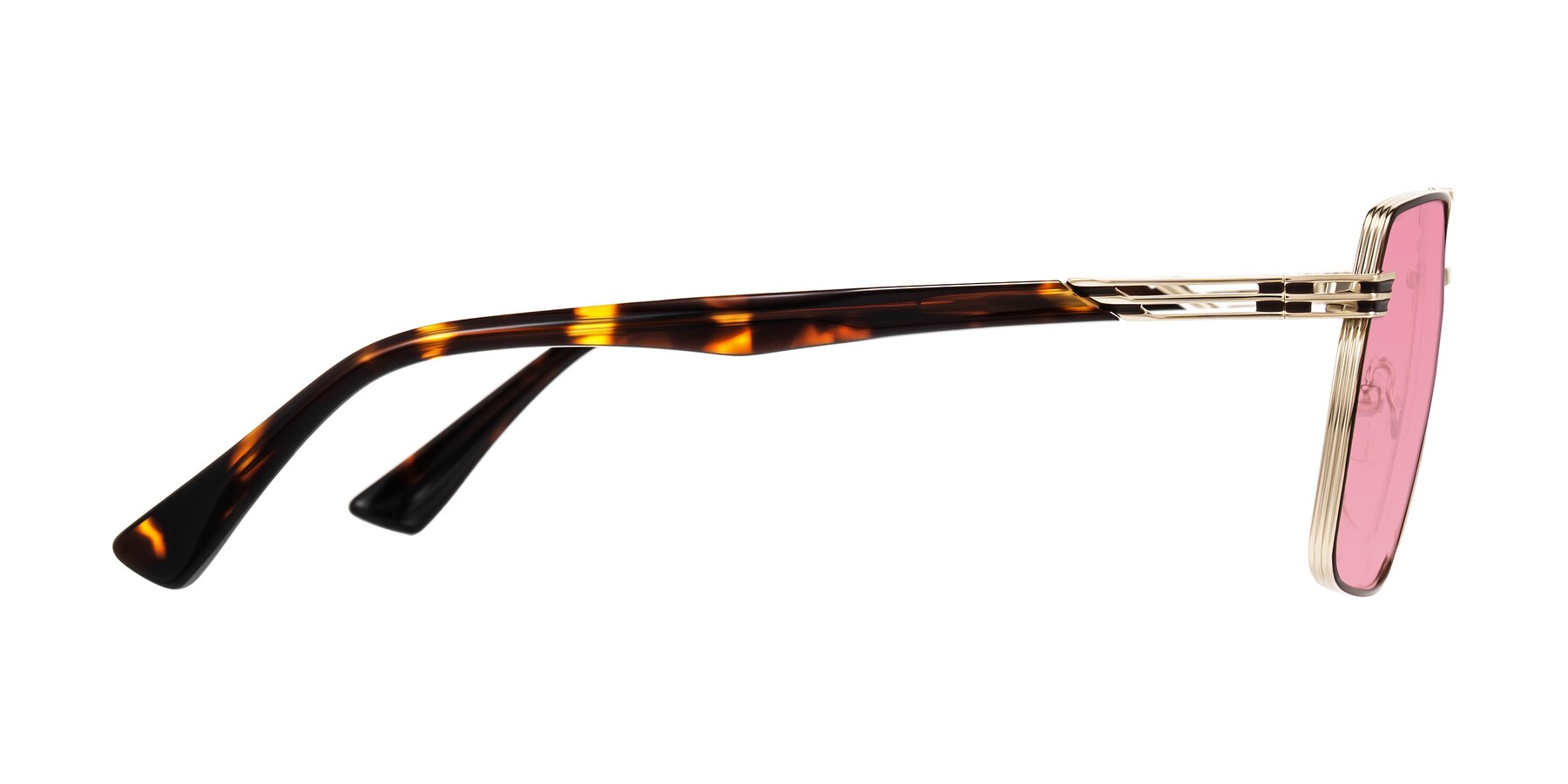 Side of Nasuma in Gold/Tortoise with Pink Tinted Lenses