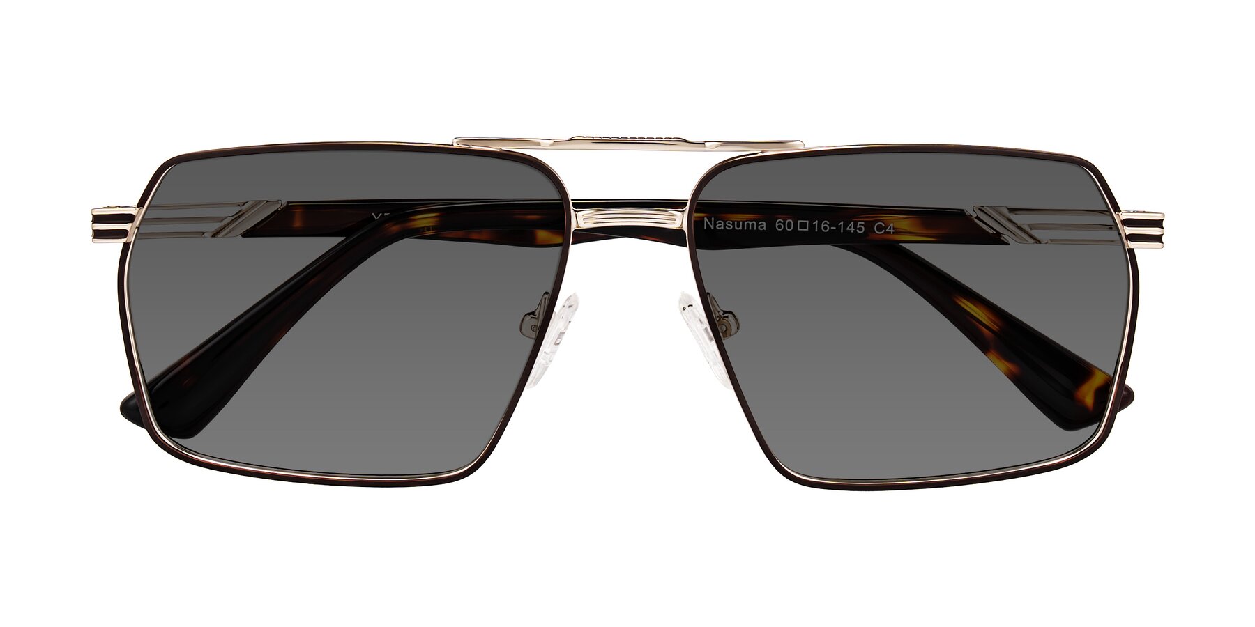 Folded Front of Nasuma in Gold/Tortoise with Medium Gray Tinted Lenses