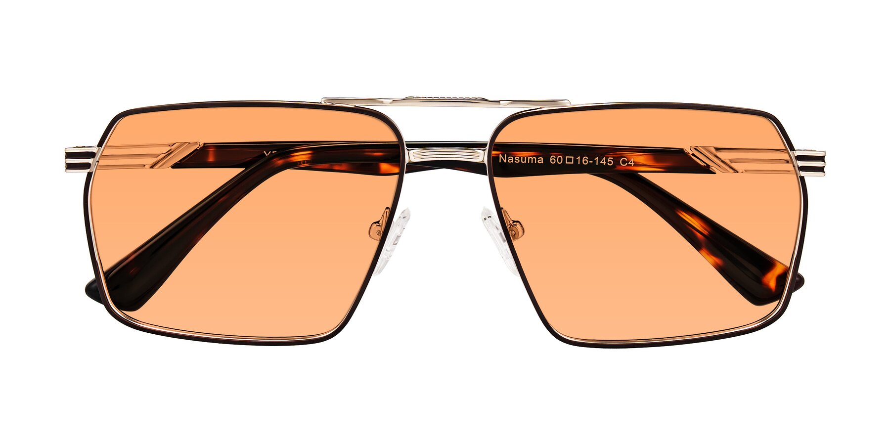 Folded Front of Nasuma in Gold/Tortoise with Medium Orange Tinted Lenses