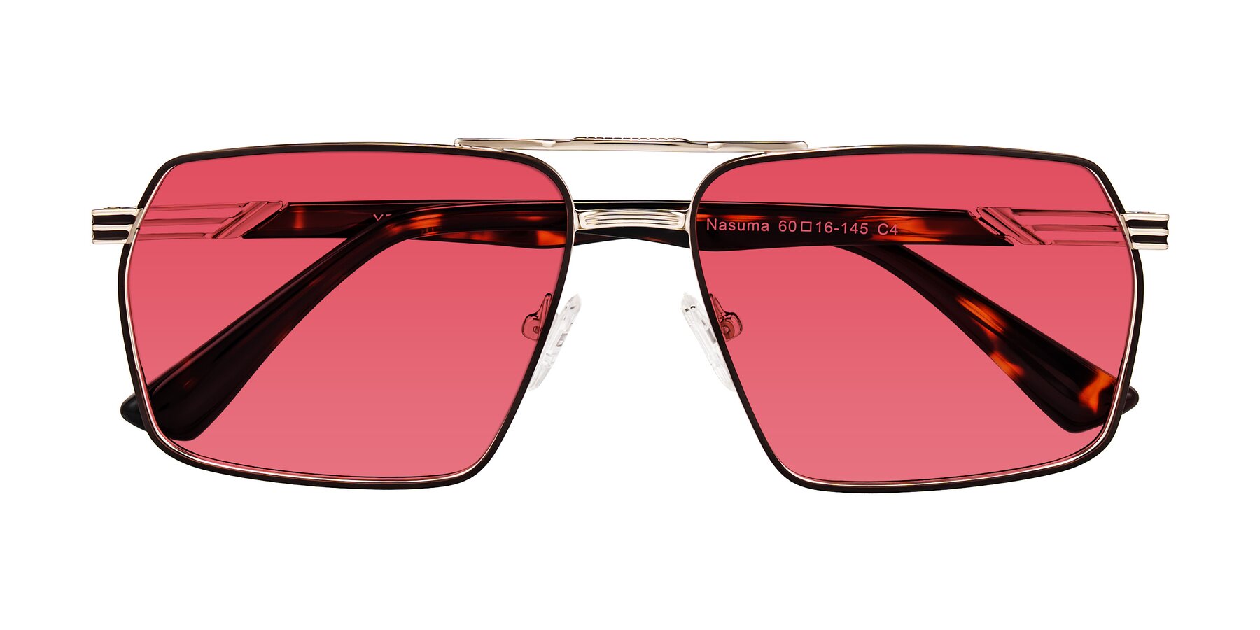Folded Front of Nasuma in Gold/Tortoise with Red Tinted Lenses