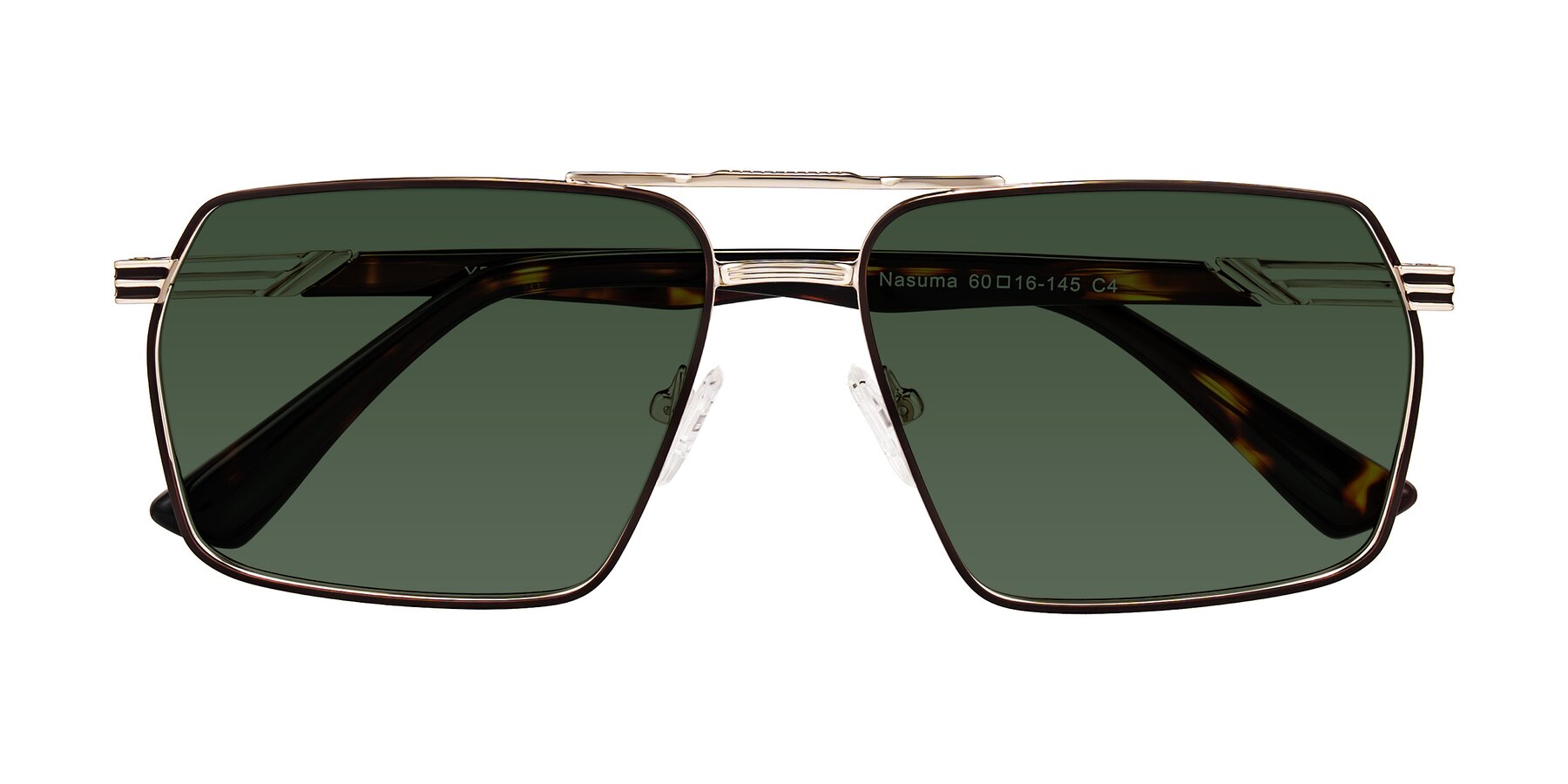 Folded Front of Nasuma in Gold/Tortoise with Green Tinted Lenses