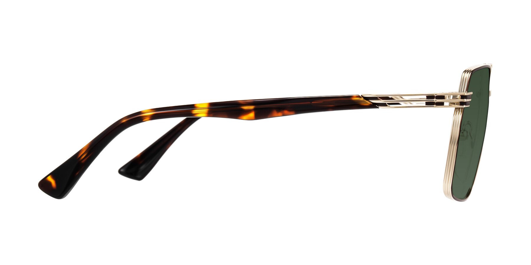 Side of Nasuma in Gold/Tortoise with Green Tinted Lenses