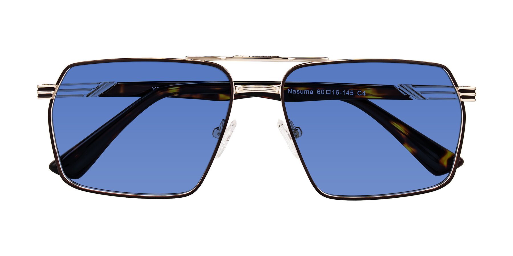 Folded Front of Nasuma in Gold/Tortoise with Blue Tinted Lenses
